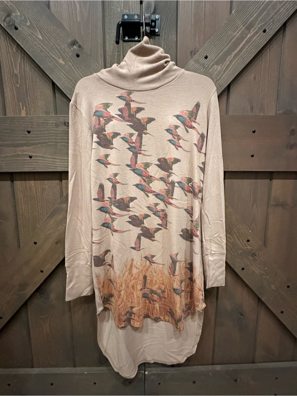 Go Couture Beige Turtleneck Tunic with Multicolor Bird Print